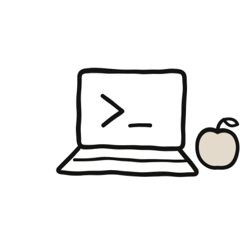 A hand-drawn open laptop showing a command prompt, an apple beside it