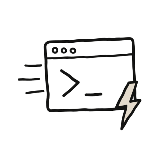 A hand-drawn terminal window with a command prompt, trailing speed lines, a small lightning bolt at its corner