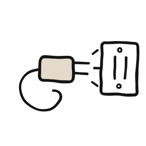 A hand-drawn power plug with a coiling cord, reaching toward a wall socket