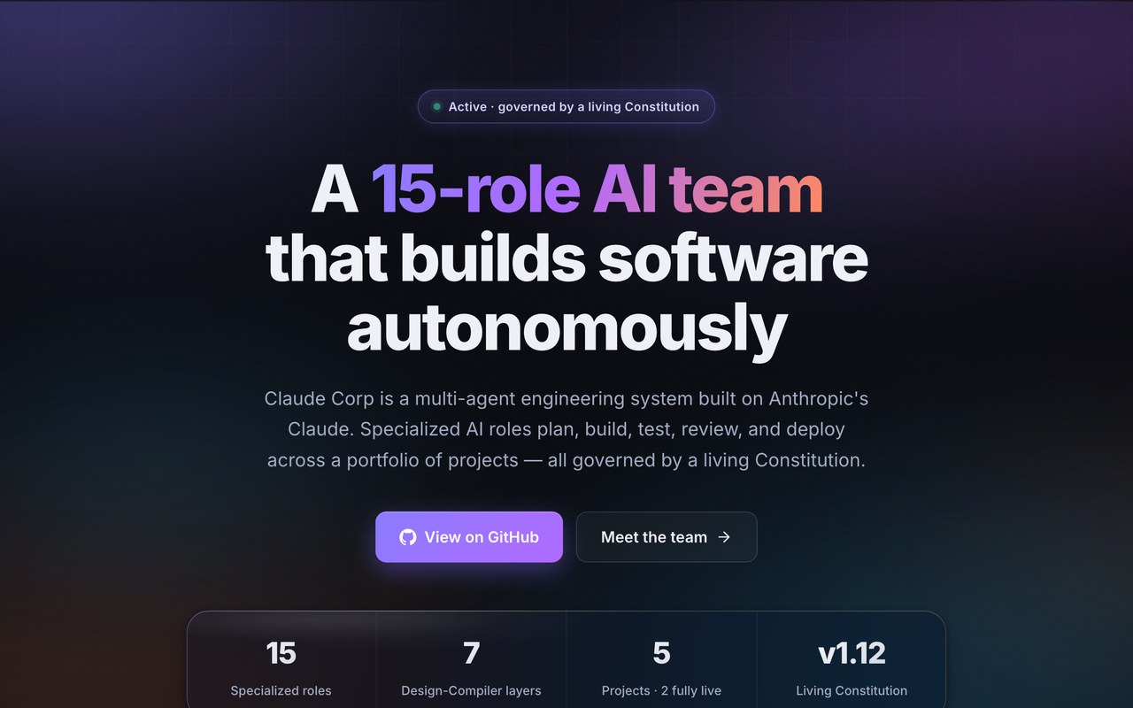 The Claude Corp landing page: a bold headline 'A 15-role AI team that builds software autonomously' over a dark hero with View on GitHub and Meet the team buttons