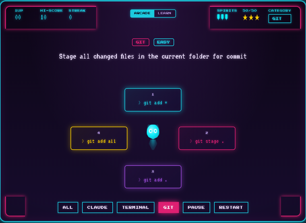 Ghost Code arcade round — the Phantom hovering between four git-command answer cards for staging changed files, with the spirits and score HUD