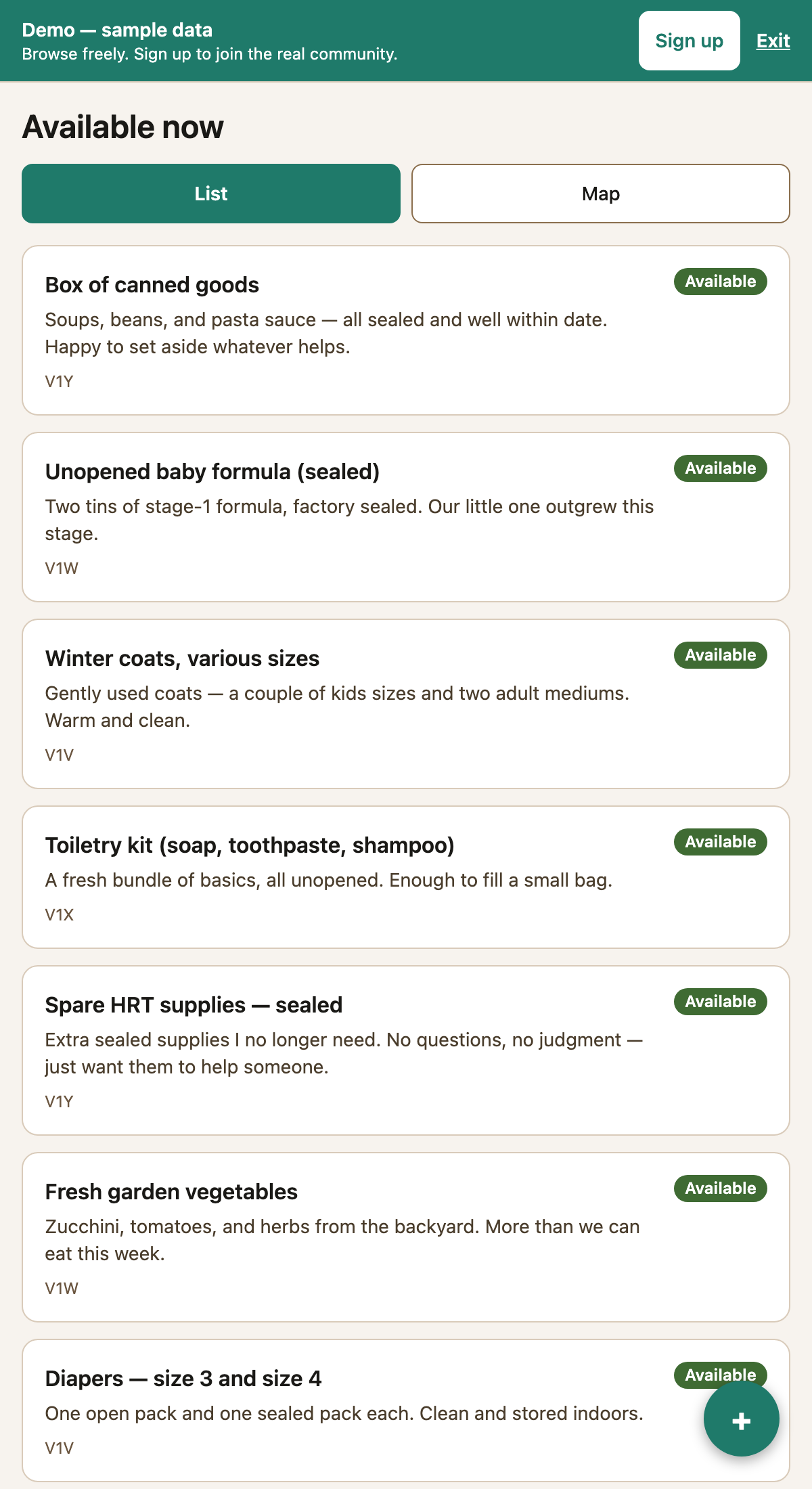 Mutual Mesh's guest-demo feed: a 'Demo — sample data' banner over neighbourhood listings for canned goods, baby formula and winter coats, each tagged Available with an FSA-level location