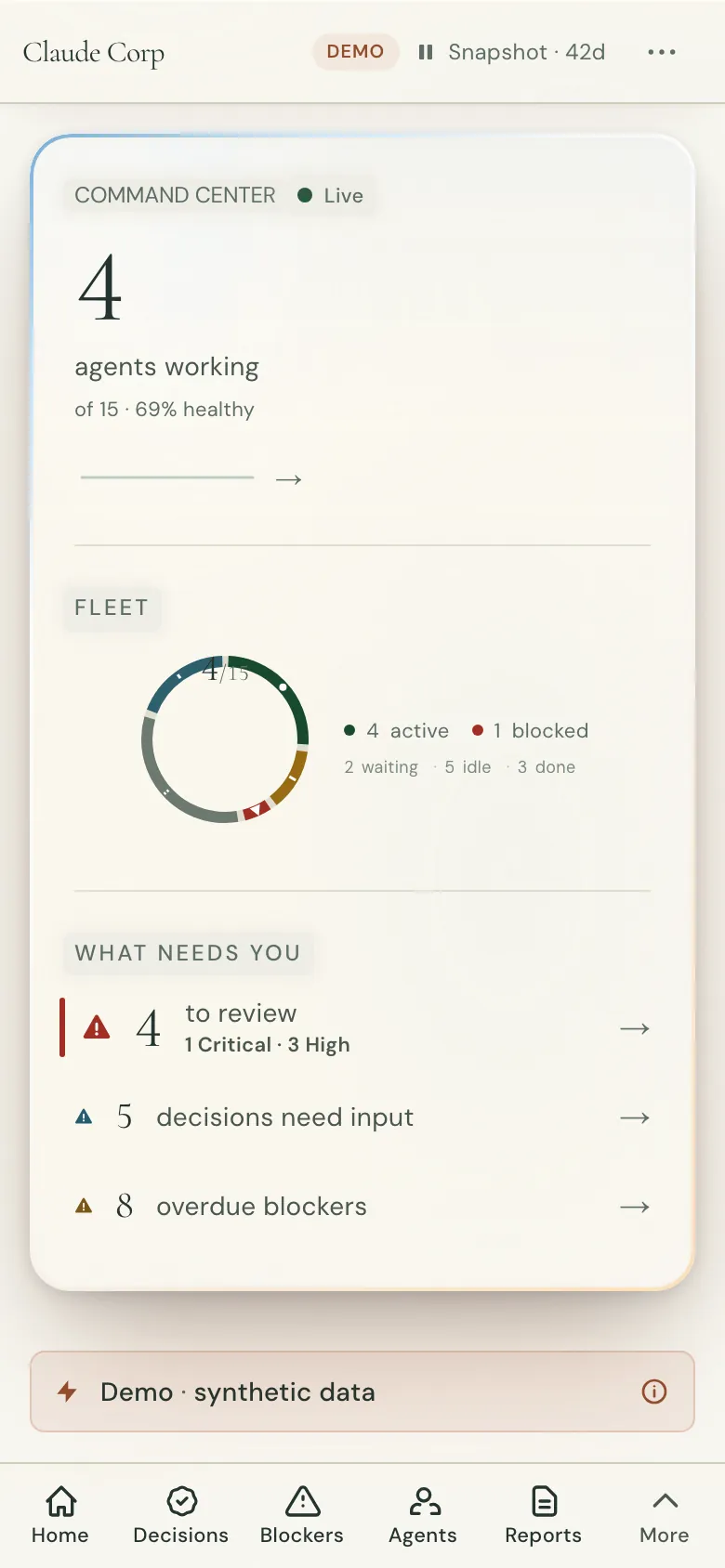 The Dashboard command center on a phone, showing project health, agent activity, and pending decisions in a focused view.