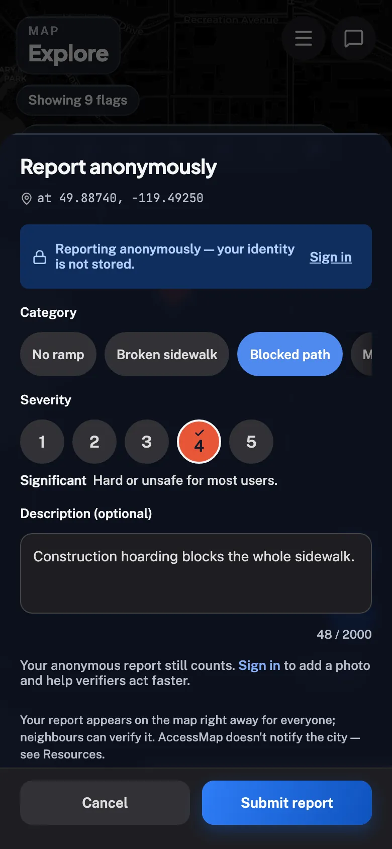 The Report a barrier sheet fully composed — Blocked path chosen, severity 4 set, a one-line description in place, and the Submit button lit but deliberately unpressed.