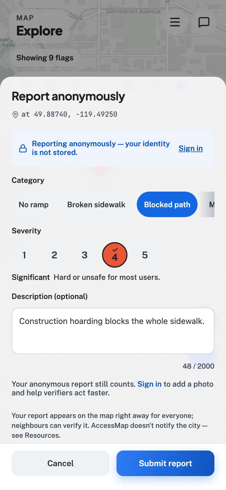 The Report a barrier sheet fully composed — Blocked path chosen, severity 4 set, a one-line description in place, and the Submit button lit but deliberately unpressed.