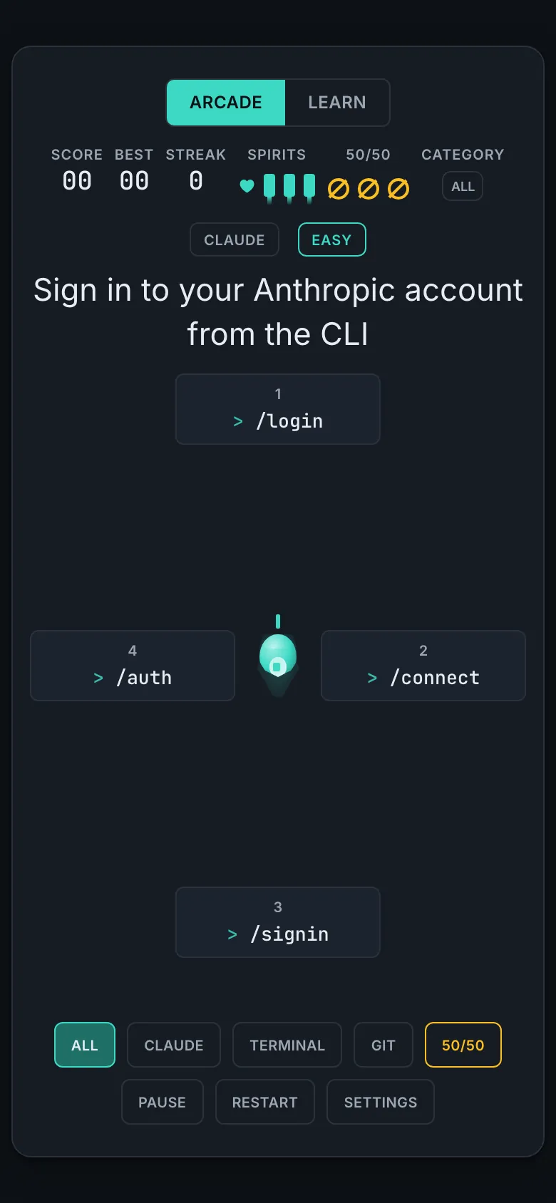 A Ghost Code round on a phone, with the Phantom, four command tokens, prompt, and score in a focused play view.