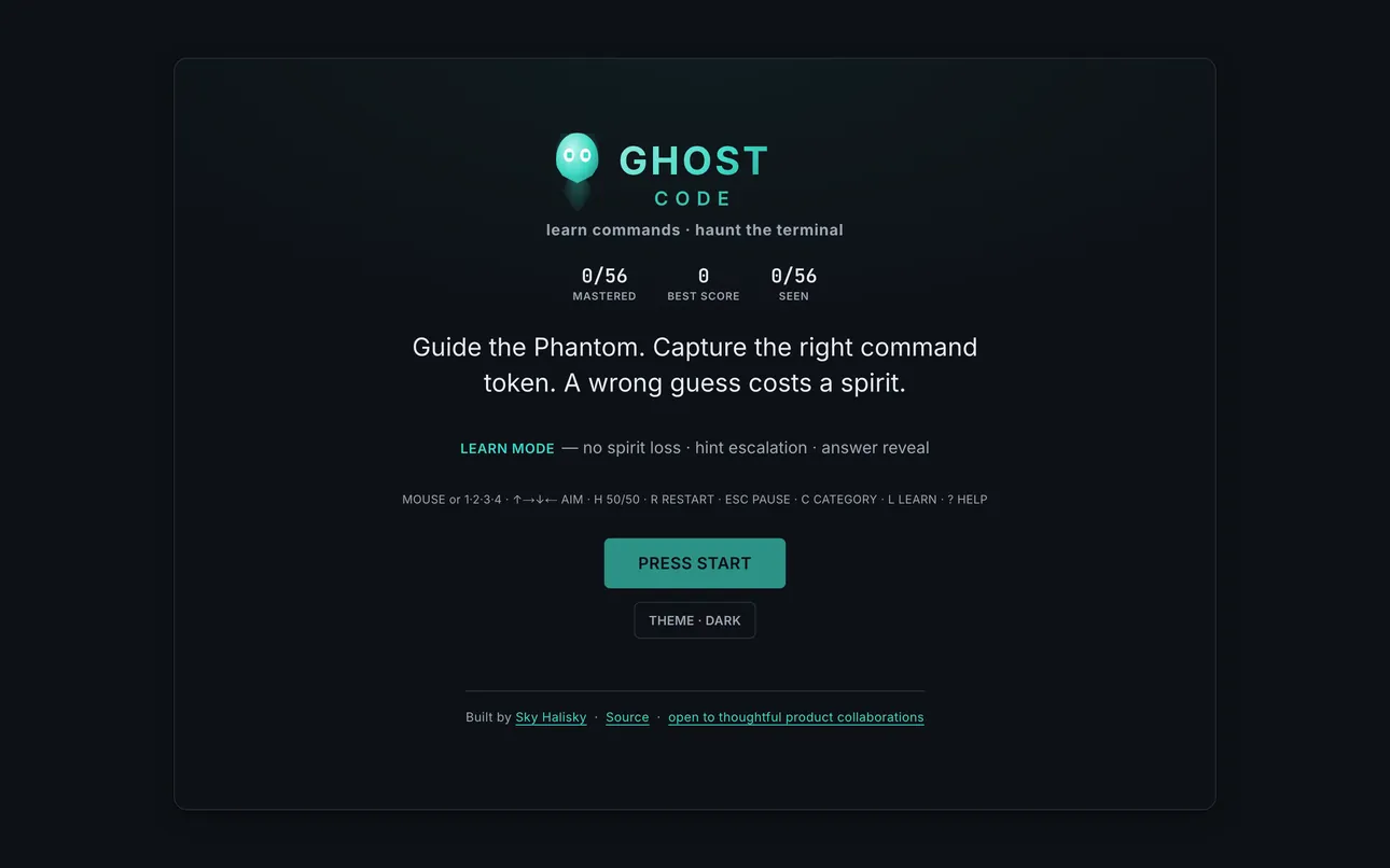 Ghost Code’s title screen — the arcade cabinet framing the Phantom mascot, Start and Settings glowing below the wordmark.