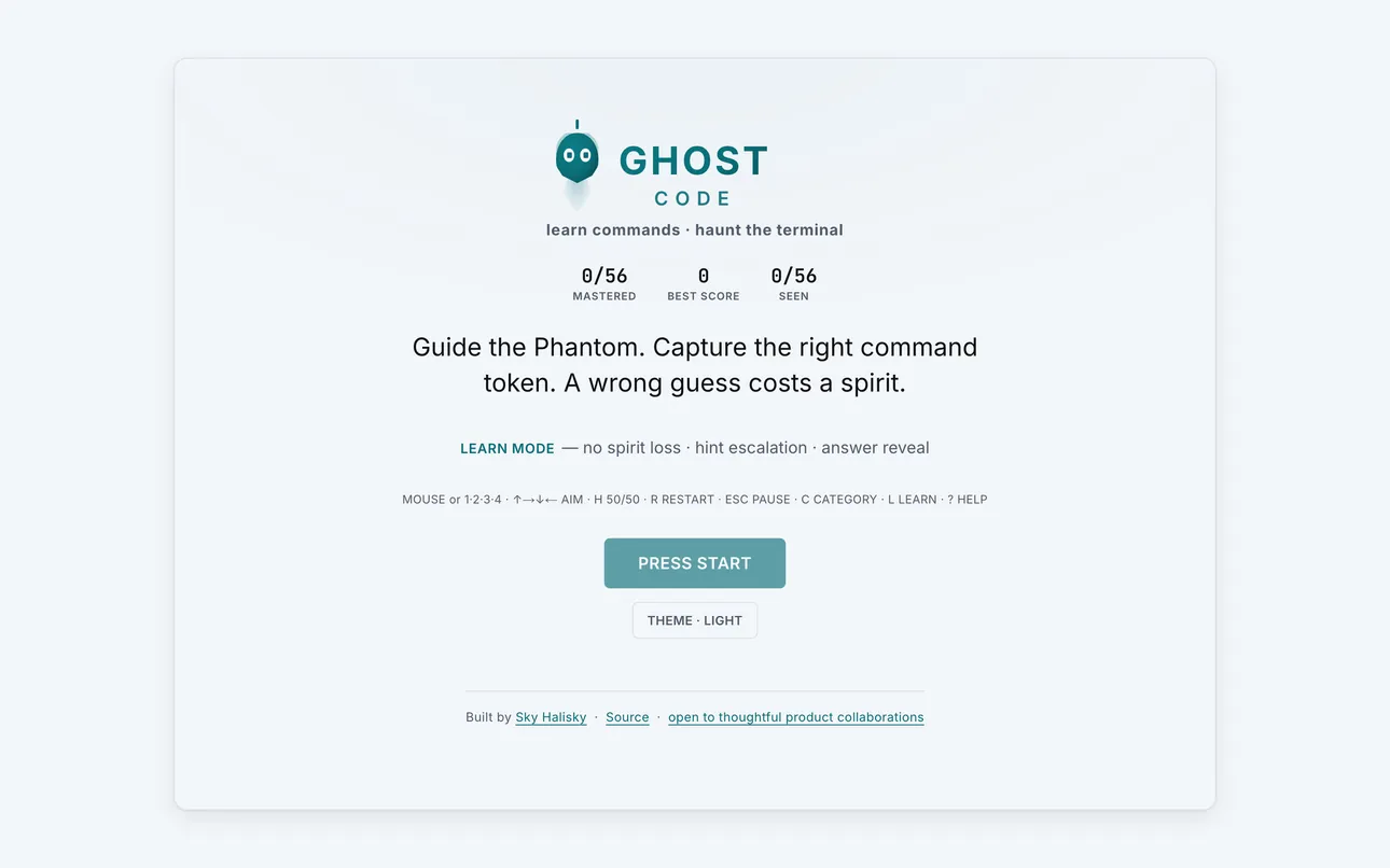 Ghost Code’s title screen — the arcade cabinet framing the Phantom mascot, Start and Settings glowing below the wordmark.