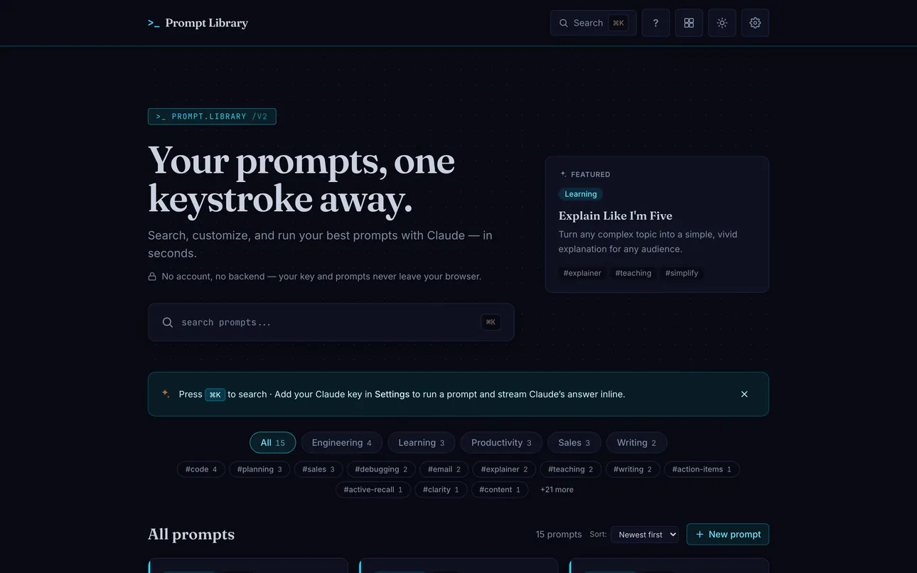The Prompt Library home — search and category chips over the prompt grid, the featured card leading.