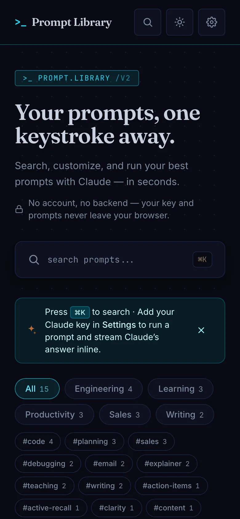 The Prompt Library home on a phone, with search, category chips, and prompt cards in a readable single-column view.