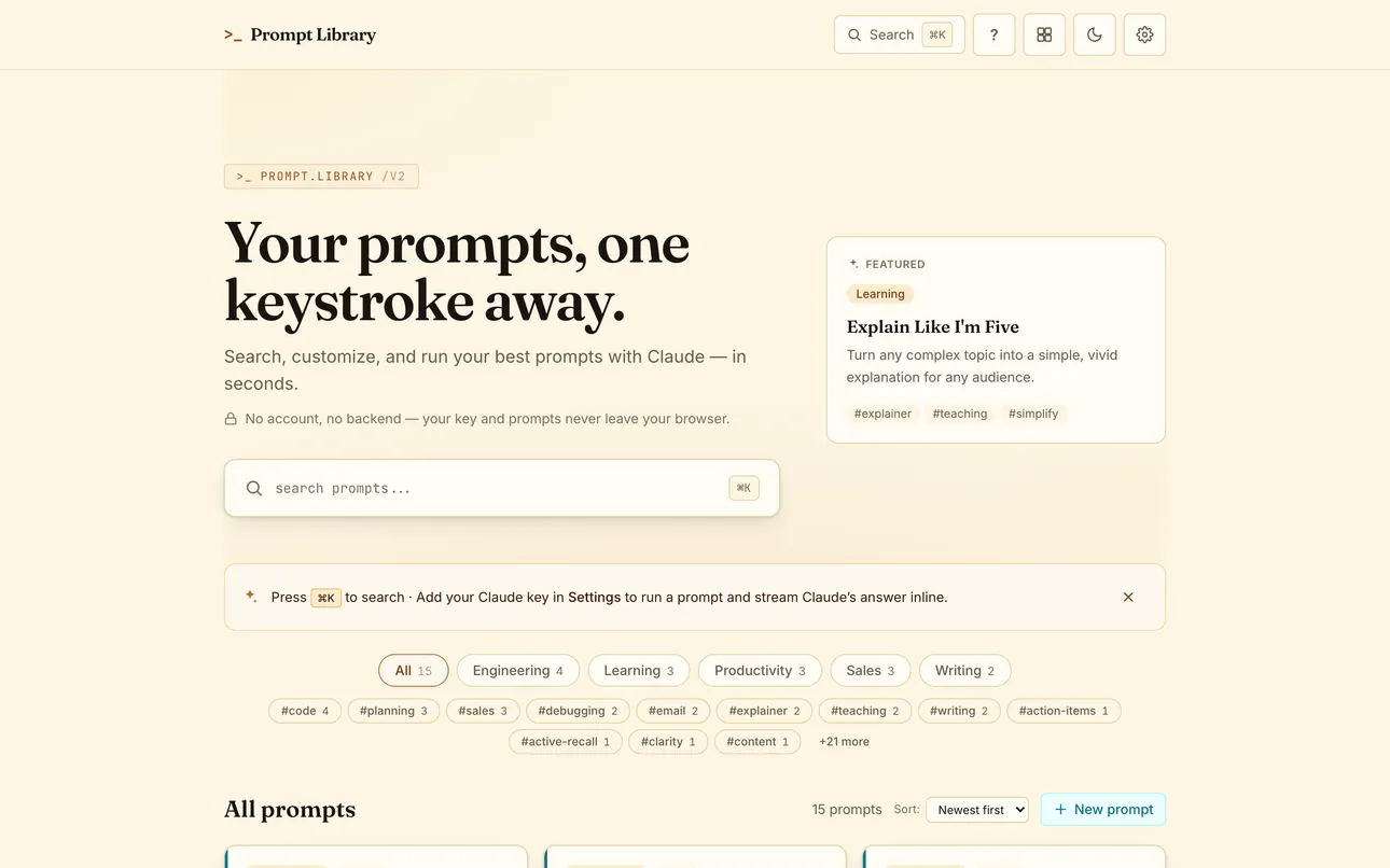 The Prompt Library home — search and category chips over the prompt grid, the featured card leading.