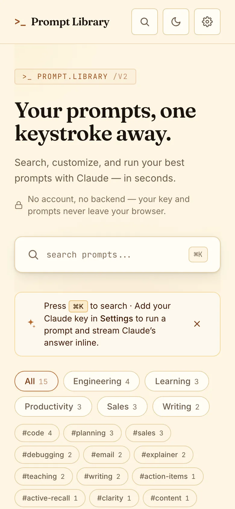 The Prompt Library home on a phone, with search, category chips, and prompt cards in a readable single-column view.